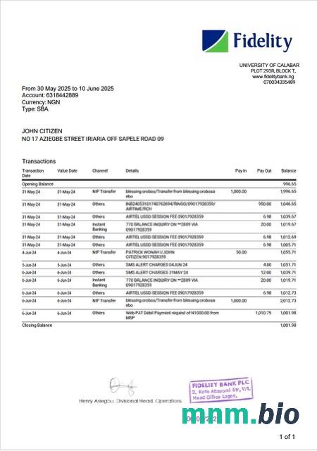 Nigeria United Bank For Africa oświadczenie bankowe słowo i szablon PDF